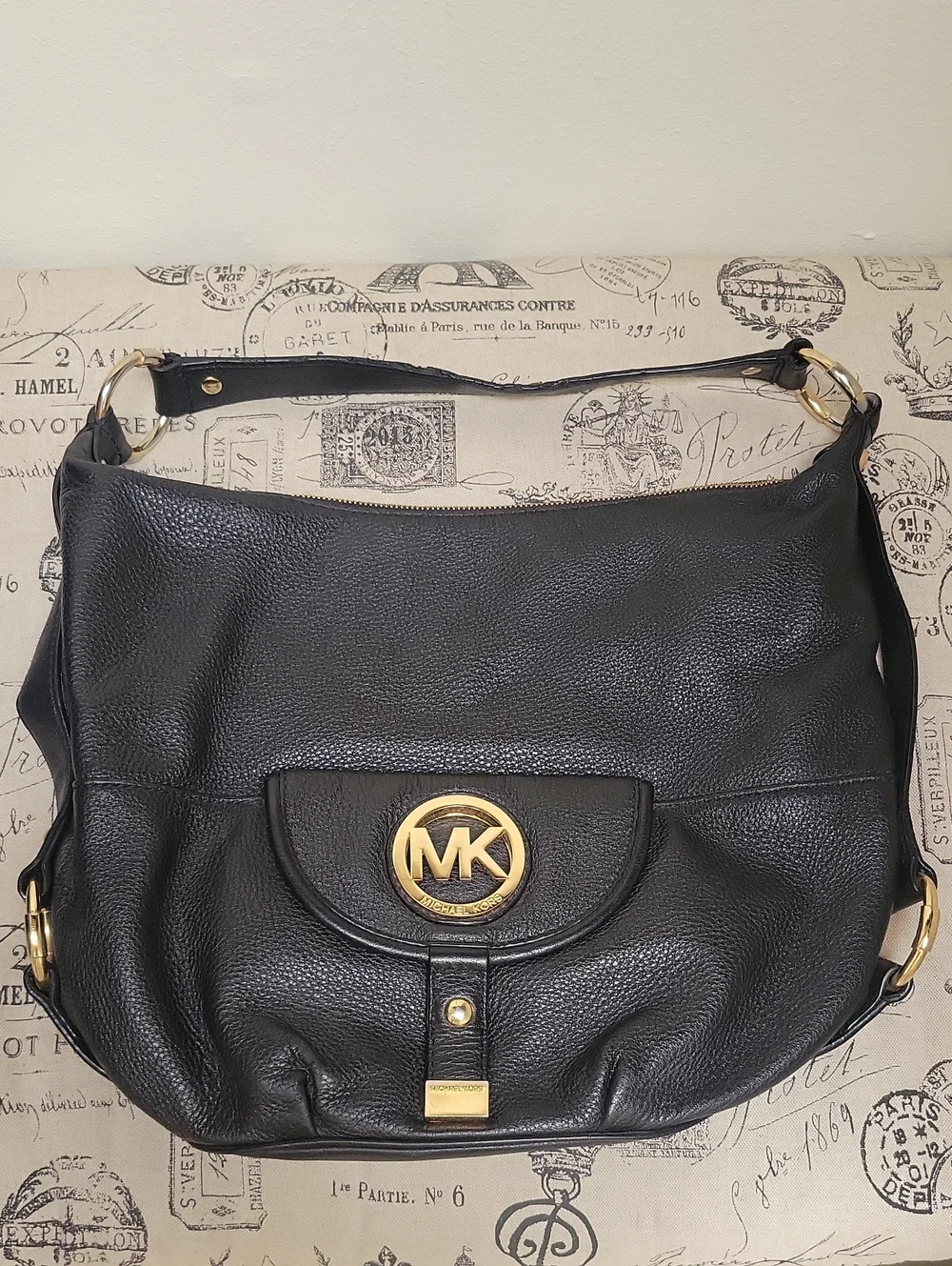 Michael Kors Black Pebbled Leather Shoulder Bag with Gold MK Emblem